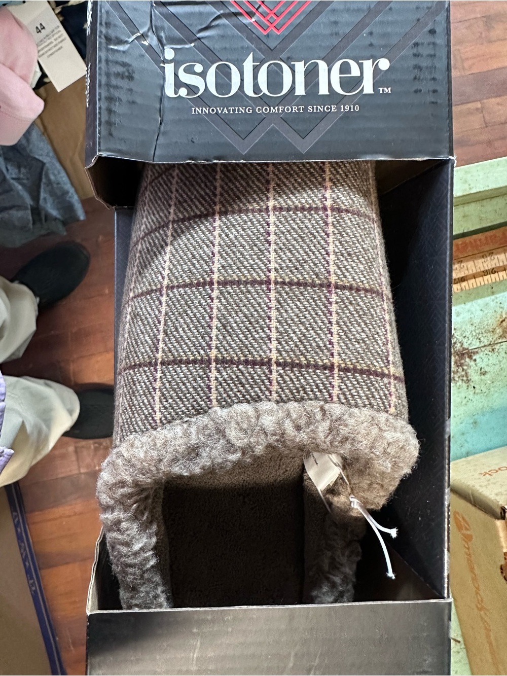 isotoner Brown Plaid Men’s Slip-On Slipper Boot with Faux Shearling